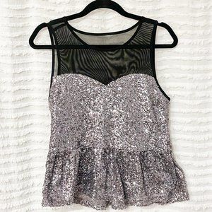 Gianni All that Glitters Silver / Dusty Purple Sequin and Mesh Peplum Blouse